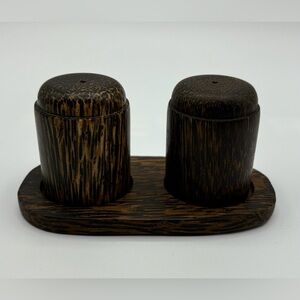 Beautiful Palm Wood Salt & Pepper Shakers with Holder